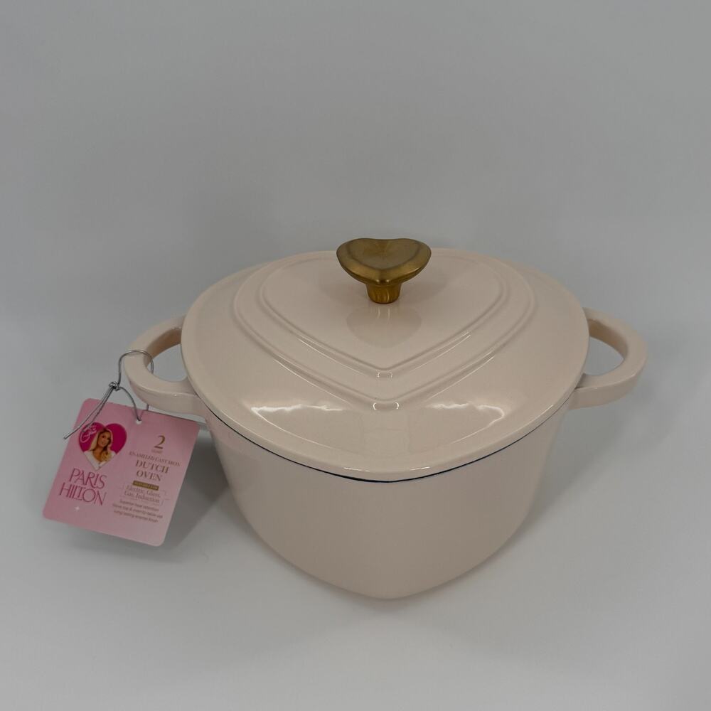 Paris Hilton Heart Shaped Enameled Cast Iron Dutch Oven 2 Qt Cream Gold Knob